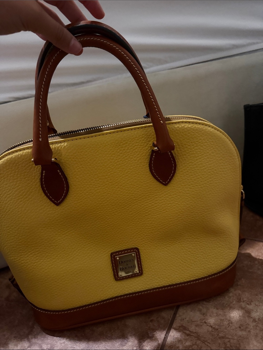 Dooney & Bourke Yellow Pebble Leather Dome Satchel with Brown Trim